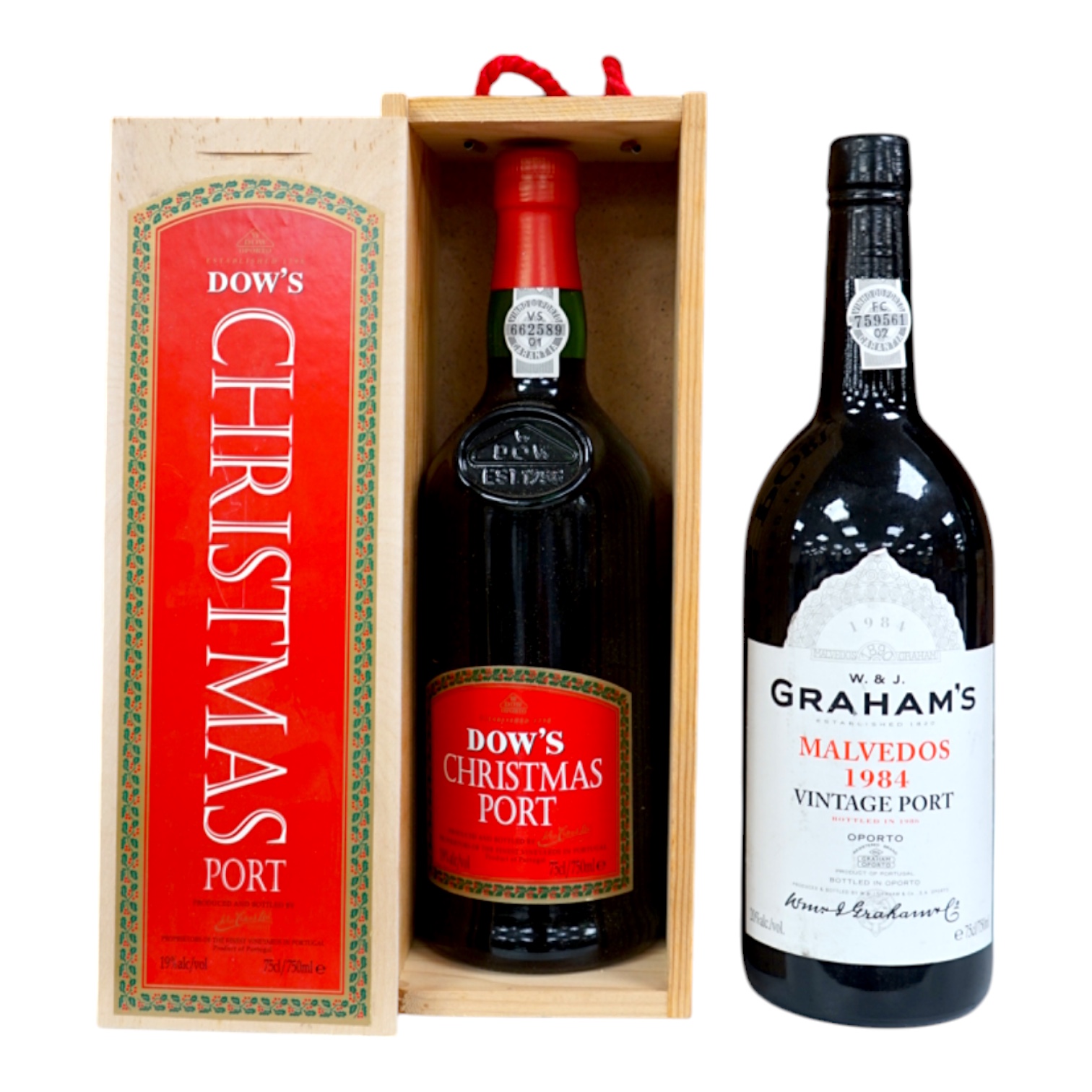 A bottle of Graham's Malvedas 1984 vintage port and a Dow's boxed Christmas port (2). Condition - good.